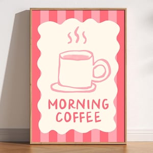 Morning Coffee Art Print, Playful Retro Pink Coffee Cup Wall Decor, Doodle Style Kitchen Poster, Cute Café Vibes, Whimsical Breakfast Print
