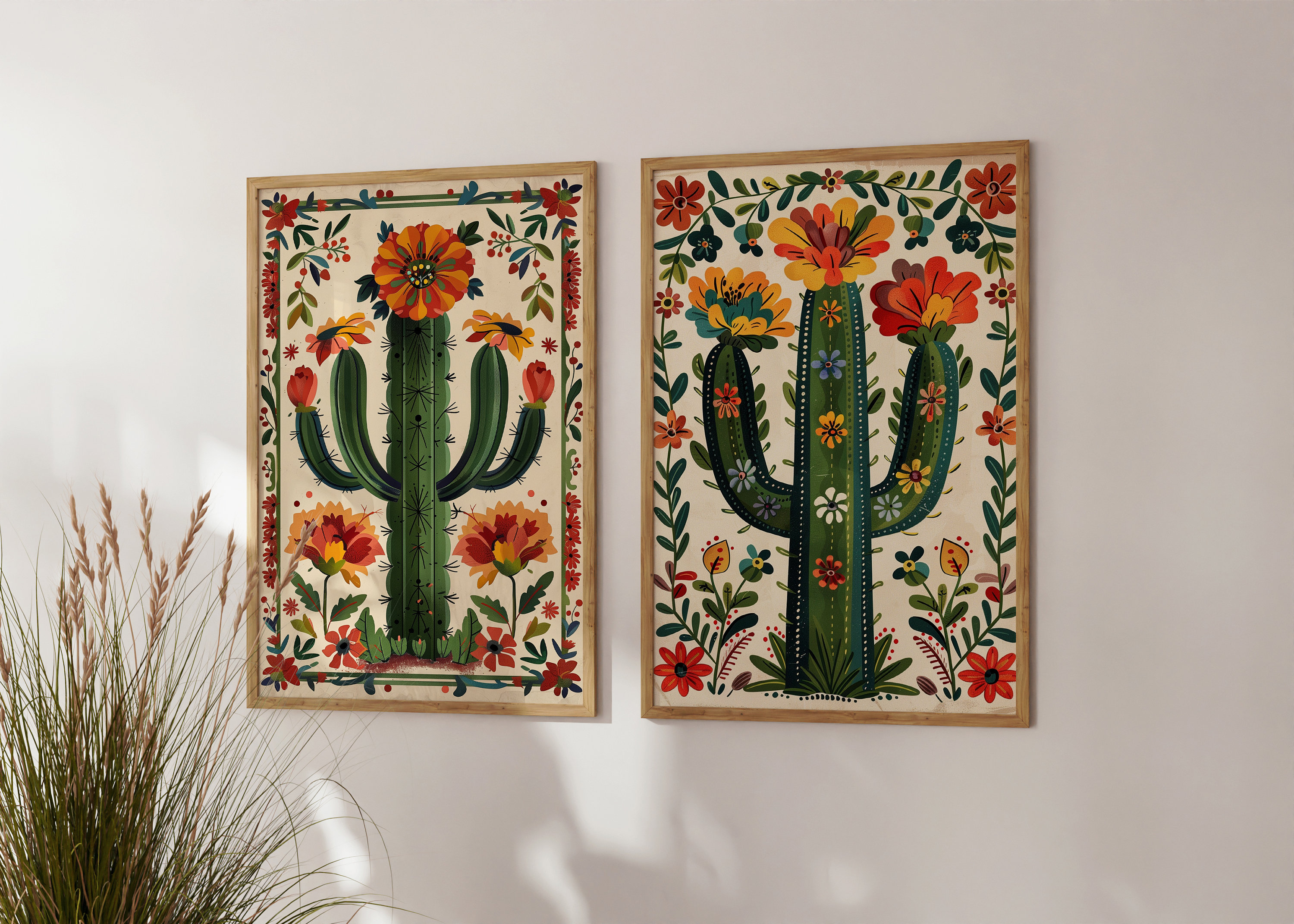 Grande Tapisserie Murale Vintage ICA – 1989 – Motif Cactus – Déco Bohème Sud-ouest