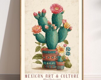 Op de afbeelding: Een ingelijste print met een aquarel illustratie van een cactus. De cactus heeft teal groene stelen en levendige roze, gele en oranje bloemen. Hij staat in een decoratieve pot met een rood en blauw patroon. De tekst "MEXICAN ART & CULTURE Floral Cactus 0017" staat onderaan.