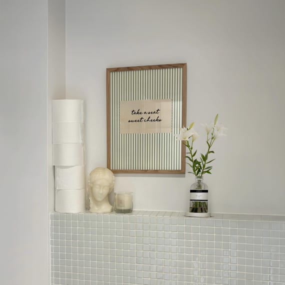 Take A Seat Sweet Cheeks Bathroom Print, Funny Bathroom Wall Art, Green Stripe Poster, Vintage Heritage Stripes, En Suite Guest Bathroom