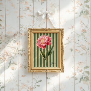 Bring charming, old-fashioned elegance to your space with this Vintage Floral Stripe Print. Featuring nostalgic vertical stripes and delicate flowers, this artwork embodies a timeless cottagecore aesthetic with a touch of vintage charm. Inspired by classic wallpaper patterns and antique botanical prints, it’s perfect for creating a warm and inviting atmosphere in any room.