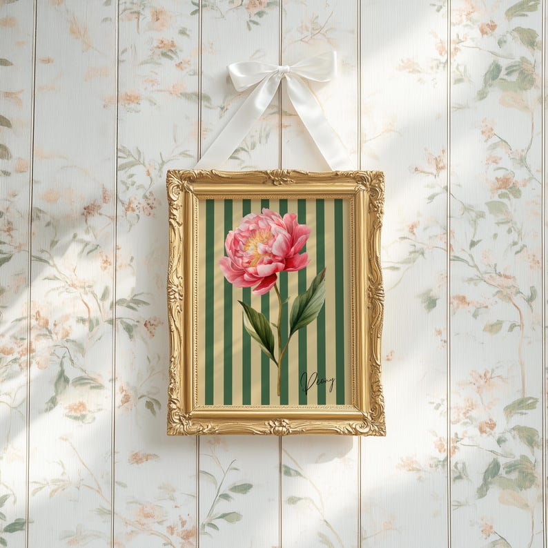 Bring charming, old-fashioned elegance to your space with this Vintage Floral Stripe Print. Featuring nostalgic vertical stripes and delicate flowers, this artwork embodies a timeless cottagecore aesthetic with a touch of vintage charm. Inspired by classic wallpaper patterns and antique botanical prints, it’s perfect for creating a warm and inviting atmosphere in any room.