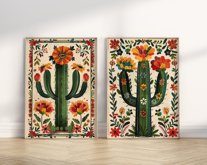 Mexican Cactus Set Of 2 Prints, Colourful Traditional Folk Mexican Cactus Posters, Vintage Vibrant Cactus Art, Desert Cactus Flowers Culture