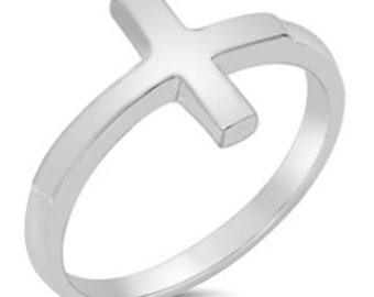 Sterling Silver Sideways Cross Ring - Christian Ring - Religious Jewelry for Women, Men, and Children