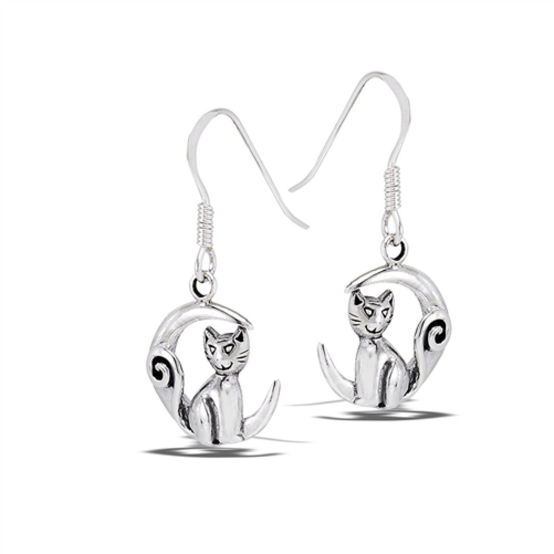 Cat Earrings Sterling Silver Cat on Crescent Moon Earrings Etsy