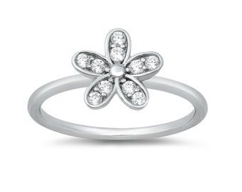 Sterling Silver Flower Toe Ring with CZ Size 4, Silver Ring, Pinky Ring