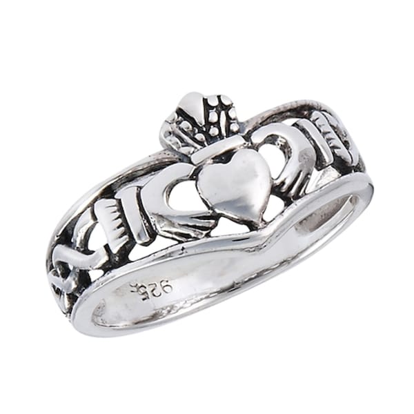 Celtic Sterling Silver Claddagh Ring with Weave - Claddagh Promise and Engagement Crown Ring