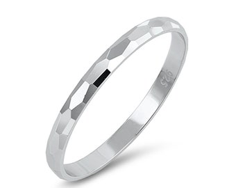 Anillo de plata de ley con corte de diamante facetado y brillante para mujeres y adolescentes, anillo apilable de 2 mm