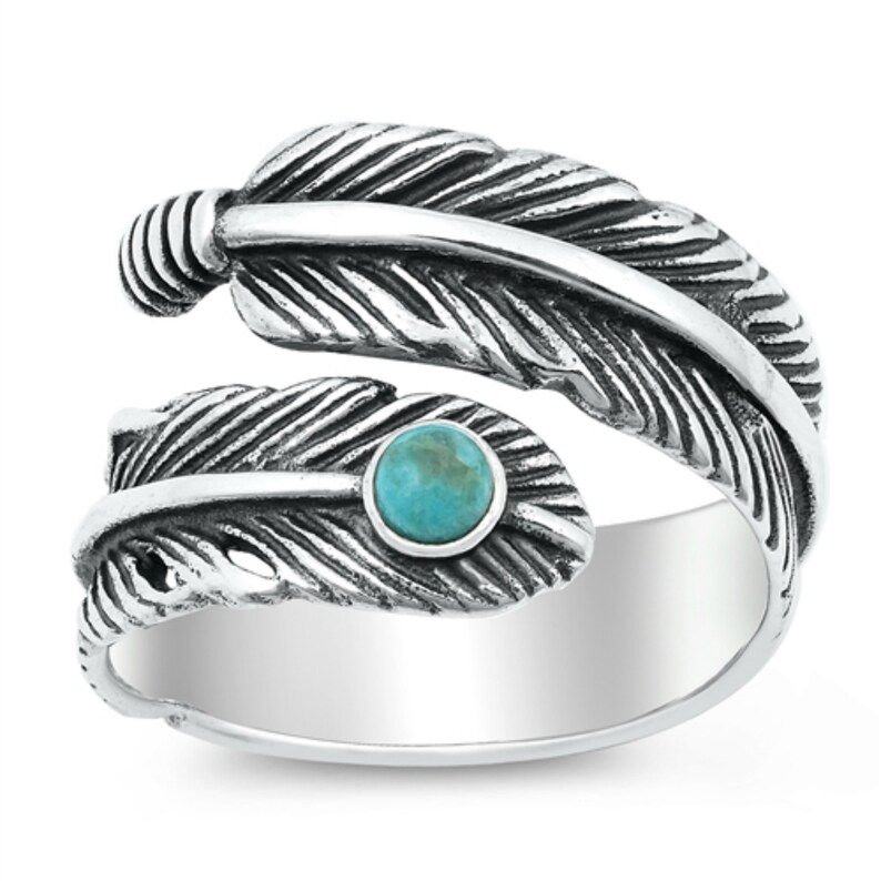 Sterling Silver Feather Ring Indian Antiqued Patina Turquoise Statement Ring Thumb Ring Pinky Ring Unisex Size 5 6