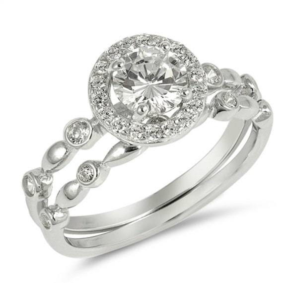 Wedding Ring Set Sterling Silver Ring 2 Rings Halo Ring | Etsy