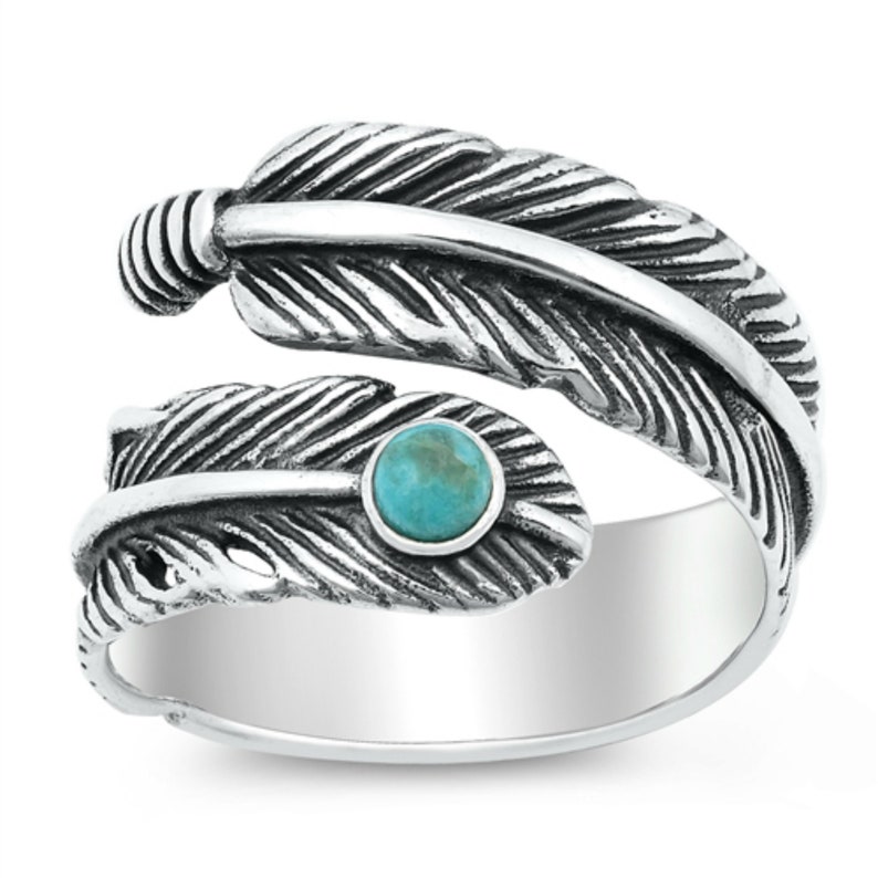 Sterling Silver Feather Ring Indian Antiqued Patina Turquoise Statement Ring Thumb Ring Pinky Ring Unisex Size 5 6
