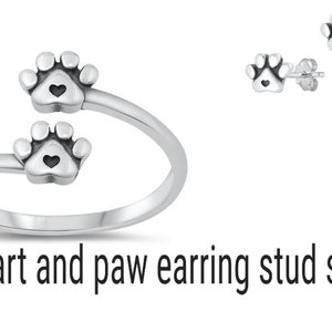 Heart and Paw Sterling Silver Ring and Earring Stud Set - Perfect Gift for Pet Lovers