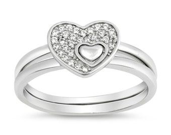 Herz-Ring, Ehering, Sterling Silber 2 Ringe Herz Puzzle Ring, Verlobung, Versprechen Ring, Cz Brautring für Frauen, Größe 5 bis 10