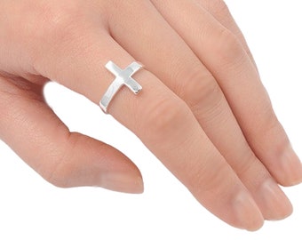 Sterling Silver Sideways Cross Ring - Religious Jewelry for Women, Men, and Children