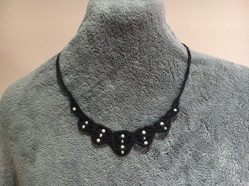 women/'s accessory gift elegant black necklace handmade crochet jewelry with plastron decorated with beads Evening necklace Unique piece
