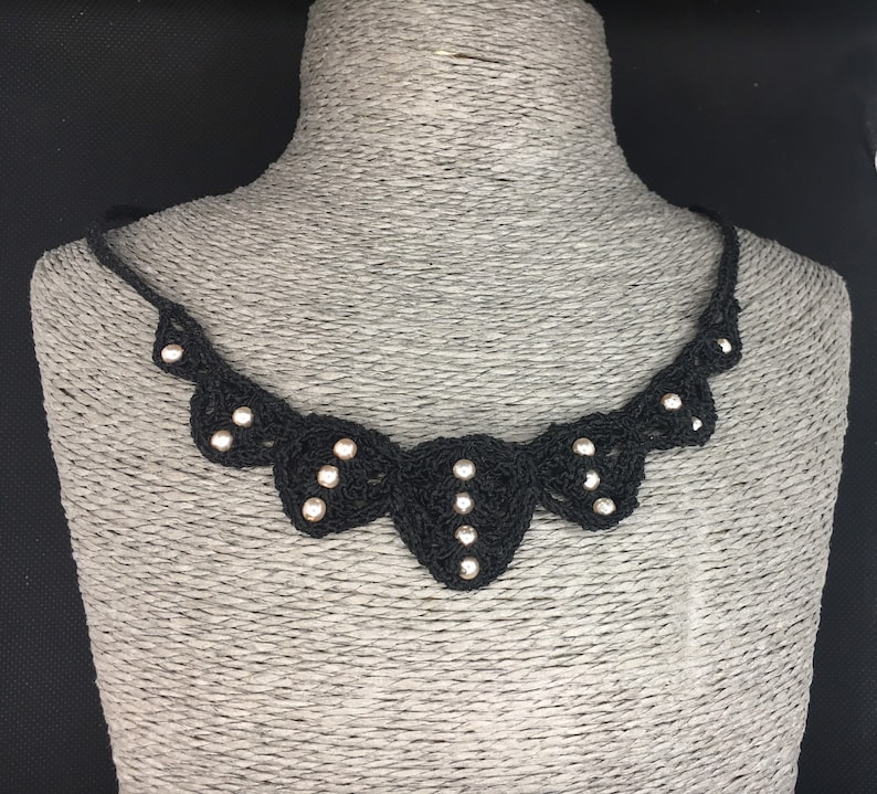 women/'s accessory gift elegant black necklace handmade crochet jewelry with plastron decorated with beads Evening necklace Unique piece