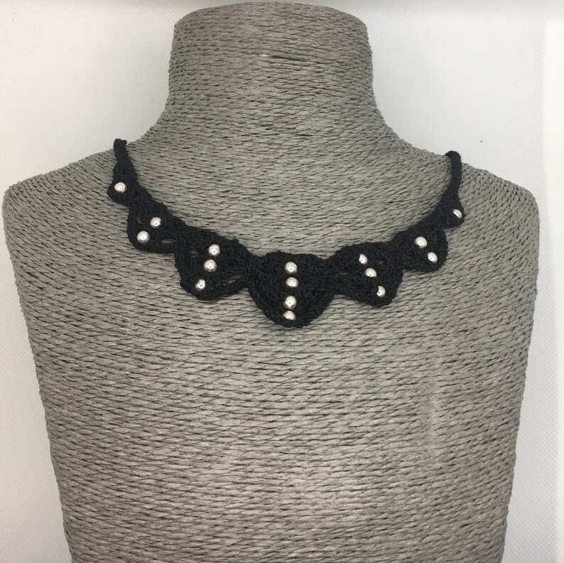 women/'s accessory gift elegant black necklace handmade crochet jewelry with plastron decorated with beads Evening necklace Unique piece