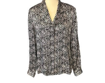 VTG Laure Lee LTD Black Cream Geometric 100% Silk Button Down Blouse. SZ Large