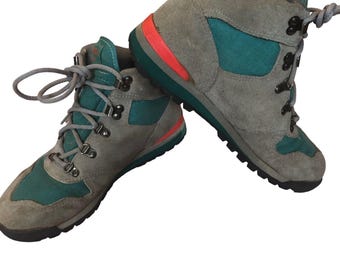 VTG 90s Merrell Lazer Tan, Teal Green and Red Suede Hiking Ankle Shoes. SZ 6.5