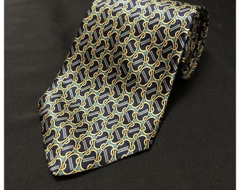 VTG 100% Handmade Silk Tie. Abstract Gold Black Green and Blue Link Design. Prep