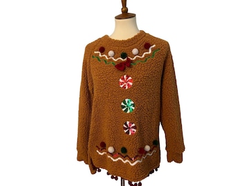Ugly Dark Gold Christmas Sweater. SZ. Med. Ornaments, Bow, Pom-Poms. Red Green