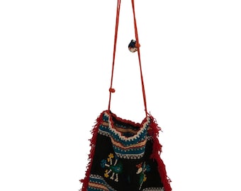 VTG Handmade Boho Chic Hippie Bag. Embroidered Birds. Pom Pom Fringe Festival