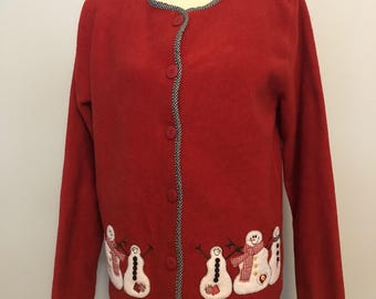 Ugly VTG Christmas Sweater Snowmen Button Down Red Cardigan Granny Core Party