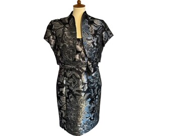 VTG 90s Black Gray Metallic Brocade Floral Sheath Dress & Topper Jacket. SZ 14