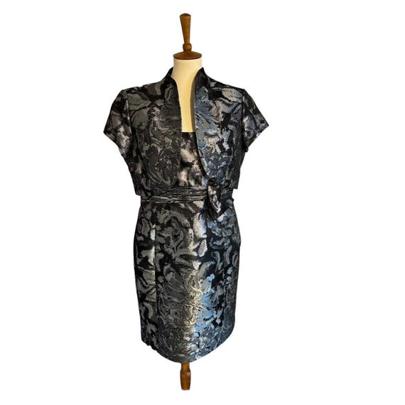 Vtg 90s Black Gray Metallic Brocade Floral Sheath Dress & Topper Jacket. Sz 14 Vtg 90s Black Gray Metallic Brocade Floral Sheath Dress & Topper Jacket. Sz 14