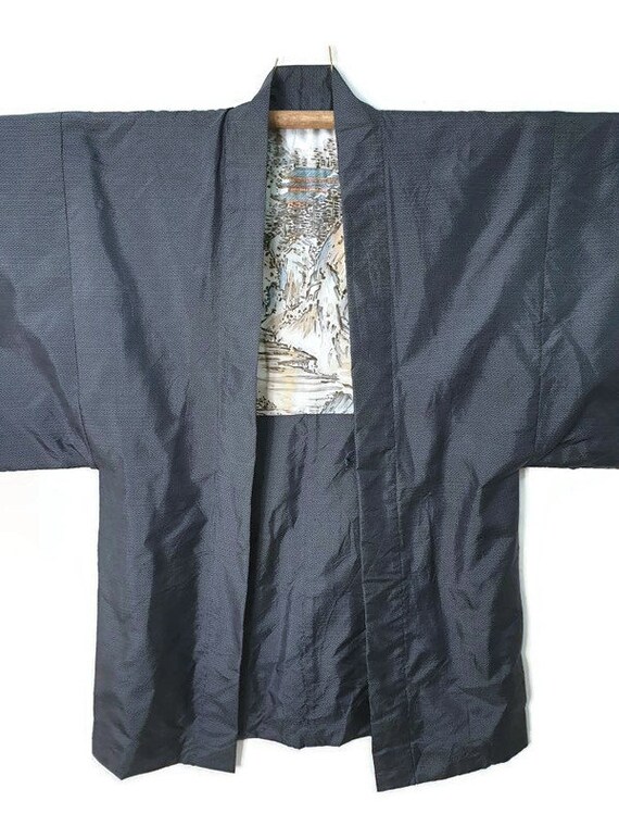 Japanese Mens Haori Kimono Jacket Blue Silk Japan Sce… Gem