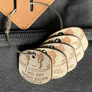 Custom Hockey Puck Bag Tag, Hockey Player Name or Team Keychain, Ice Hockey Coach Gift