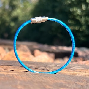 May include: A bright blue key ring cable with a silver clasp. The circular cable is made of tightly wound strands of blue wire. The key ring is resting on a wooden surface with a blurred green background.