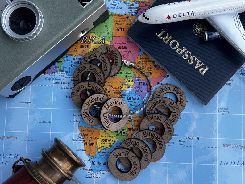 Personalized Travel Token Keychain Backpack tag Country visited travelers gift Custom travel disc Key chain travel keepsake image 4