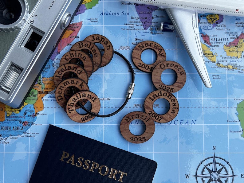 Personalized Travel Token Keychain Backpack tag Country visited travelers gift Custom travel disc Key chain travel keepsake Bubinga