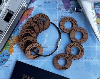 Custom Country Keychain Tracker for Frequent Travelers, Wooden Washer Travel System, Power Traveler Keepsake