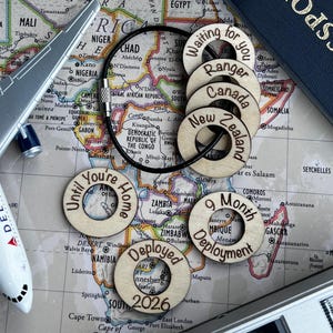 Military Deployment Keychain - Personalized Tracker Gift for Deployed Soldier - Custom Engraved Wooden Keepsake
