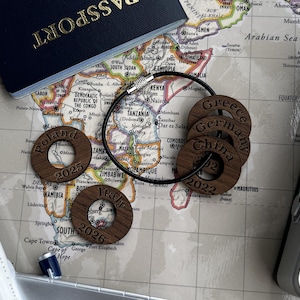 Personalized Travel Token Keychain Backpack tag Country visited travelers gift Custom travel disc Key chain travel keepsake Walnut (Dark)