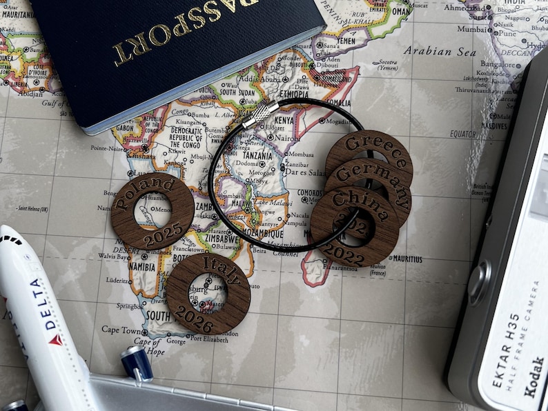 Personalized Travel Token Keychain Backpack tag Country visited travelers gift Custom travel disc Key chain travel keepsake Walnut (Dark)