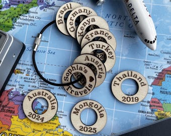 Personalized Travel Token Keychain Backpack tag Country visited travelers gift Custom travel disc Key chain travel keepsake