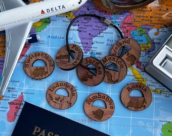 Personalized Country Charm Keychain Wooden Outline Custom Travel Token Gift