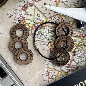 Personalized Travel Token Keychain Backpack tag Country visited travelers gift Custom travel disc Key chain travel keepsake Walnut (Gray)