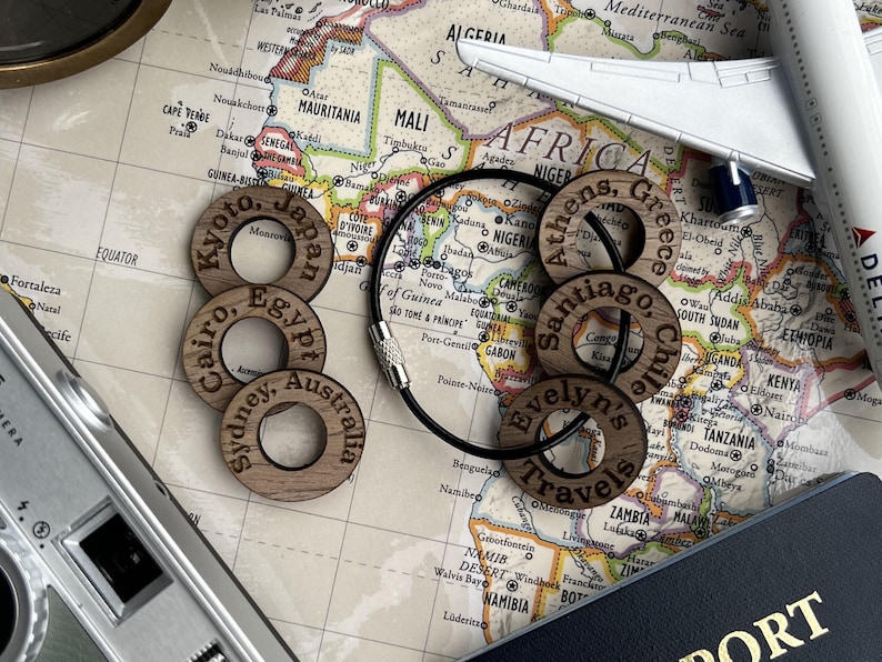 Personalized Travel Token Keychain Backpack tag Country visited travelers gift Custom travel disc Key chain travel keepsake Walnut (Gray)