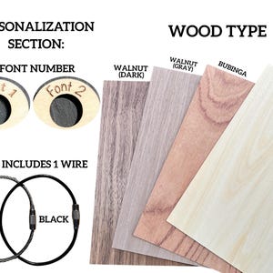 May include: Image showcasing personalization options for a product. Includes font choices labeled "Font 1" and "Font 2", along with wood type samples: Walnut (Dark), Walnut (Gray), Bubinga, and Light Wood. Also shows silver and black wire options.