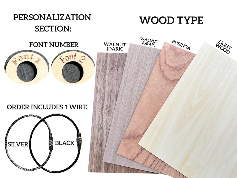 May include: Image showcasing personalization options for a product. Includes font choices labeled "Font 1" and "Font 2", along with wood type samples: Walnut (Dark), Walnut (Gray), Bubinga, and Light Wood. Also shows silver and black wire options.