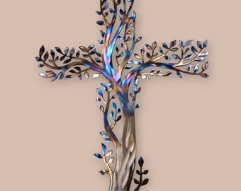 Living Cross of Life, Stainless Steel, Metal Wall Art, Christian Cross, Wall Decor, Metal Wall Art, Tree of Life, Cross Wall Decor