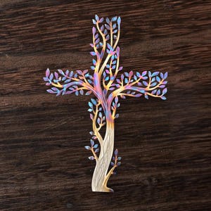 Cruz del Árbol de la Vida, Arte de pared en metal de acero inoxidable, Decoración cristiana