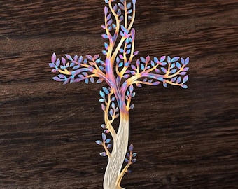 Tree of Life Cross, Stainless Steel Metal Wall Art, Christian Decor