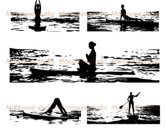 Paddle Board Yoga SVG - Collection of yoga pose on board - surfing yoga - Paddle Board Yoga Silhouettes