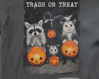 Funny Halloween Comfort Colors T-Shirt | Trash or Treat Bootleg Style with Raccoon Possum Skunk Bat Holding Pumpkins