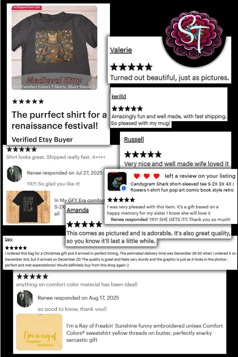 Op de afbeelding: Zwart T-shirt met de tekst "Medieval Kitty" en een afbeelding van een kat in Renaissance kleding. Het shirt is een Comfort Colors korte mouw. Klantbeoordelingen zijn ook zichtbaar.